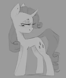 Size: 884x1043 | Tagged: safe, artist:melodylibris, derpibooru import, rarity, pony, unicorn, bedroom eyes, eyeshadow, female, gray background, grayscale, head turn, image, looking back, makeup, mare, monochrome, png, simple background, smiling, solo