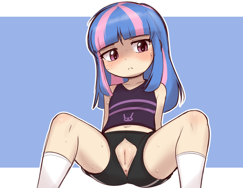 Size: 2068x1602 | Tagged: explicit, artist:pestil, banned from derpibooru, paywalled source, wind sprint, human, anus, belly button, breasts, clitoris, clothes, crotchless, crotchless pants, delicious flat chest, female, humanized, image, lolicon, looking at you, nudity, partial nudity, png, simple background, socks, sweat, underage, vagina, vulva