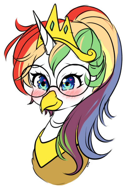 Size: 1280x1900 | Tagged: safe, artist:torihime, derpibooru import, oc, oc:rainbow feather, gryphon, hippogriff, glasses, grifficorn, griffon oc, horned griffon, image, interspecies offspring, magical lesbian spawn, offspring, parent:gilda, parent:rainbow dash, parents:gildash, png, princess, solo