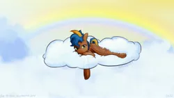 Size: 3840x2160 | Tagged: safe, artist:hiddelgreyk, derpibooru import, oc, unofficial characters only, pegasus, pony, blue mane, brown coat, cloud, image, jpeg, looking at you, lying down, lying on a cloud, on a cloud, pegasus oc, rainbow, spread wings, wings
