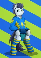 Size: 3213x4602 | Tagged: suggestive, artist:tacomytaco, derpibooru import, soarin', pegasus, pony, bipedal, briefs, clothes, crotch bulge, hoodie, image, looking at you, male, png, smiling, socks, solo, solo male, striped socks, thigh highs, underwear