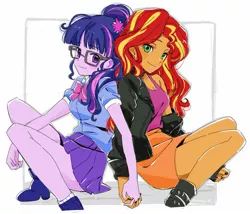 Size: 1805x1543 | Tagged: safe, artist:5mmumm5, derpibooru import, sci-twi, sunset shimmer, twilight sparkle, equestria girls, clothes, duo, duo female, female, glasses, holding hands, image, jacket, jpeg, leather, leather jacket, lesbian, looking at each other, looking at someone, ponytail, scitwishimmer, shipping, shoes, smiling, smiling at each other, sunsetsparkle