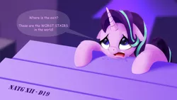 Size: 1920x1080 | Tagged: safe, artist:darksly, derpibooru import, starlight glimmer, pony, unicorn, atg 2022, female, horn, image, jpeg, mare, newbie artist training grounds, open mouth, solo, speech bubble, stairs
