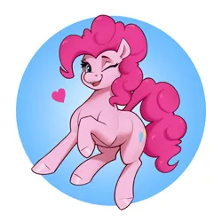 Size: 2808x2808 | Tagged: safe, artist:aquaticvibes, derpibooru import, pinkie pie, earth pony, pony, circle background, gradient background, heart, image, one eye closed, png, smiling, solo, wink