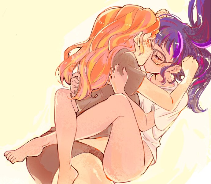 Size: 2048x1782 | Tagged: safe, artist:5mmumm5, derpibooru import, sci-twi, sunset shimmer, twilight sparkle, equestria girls, clothes, duo, duo female, eyes closed, female, french kiss, glasses, image, jpeg, kissing, lesbian, panties, scitwishimmer, shipping, sunsetsparkle, underwear