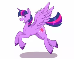 Size: 1250x1000 | Tagged: safe, artist:zendoratpw, derpibooru import, twilight sparkle, twilight sparkle (alicorn), alicorn, pony, female, flying, image, jpeg, mare, open mouth, open smile, shadow, signature, simple background, smiling, solo, unshorn fetlocks, white background