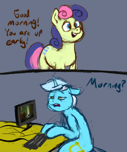 Size: 2048x2455 | Tagged: safe, artist:phutashi, derpibooru import, bon bon, lyra heartstrings, sweetie drops, earth pony, pony, unicorn, 2 panel comic, atg 2022, comic, computer mouse, dialogue, duo, female, image, keyboard, mare, monitor, newbie artist training grounds, png, sitting, tired, tired eyes