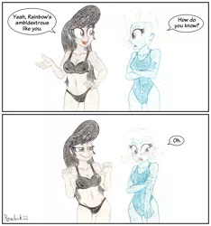 Size: 1800x1920 | Tagged: suggestive, artist:roseluck, derpibooru import, octavia melody, rainbow dash, trixie, human, equestria girls, 2 panel comic, belly button, bikini, blushing, breasts, cleavage, clothes, colored pencil drawing, comic, crossed arms, dashtavia, dialogue, duo, duo female, erect nipples, female, grin, hand on hip, image, lesbian, lidded eyes, looking at each other, looking at someone, looking away, missing accessory, nipple outline, one-piece swimsuit, open mouth, open smile, png, pointing, shipping, simple background, smiling, speech bubble, standing, swimsuit, traditional art, white background