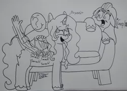 Size: 3202x2304 | Tagged: safe, artist:spoopygirl, derpibooru import, izzy moonbow, sunny starscout, oc, oc:anon, earth pony, human, pony, unicorn, blushing, couch, g5, gasp, image, jpeg, lineart, smack, tongue out, traditional art