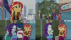 Size: 1280x720 | Tagged: safe, derpibooru import, edit, edited screencap, editor:quoterific, screencap, curly winds, rarity, scribble dee, some blue guy, sunset shimmer, display of affection, equestria girls, equestria girls series, bracelet, clothes, crossed arms, cutie mark, cutie mark on clothes, female, geode of empathy, geode of shielding, hairpin, image, jewelry, jpeg, leather, leather vest, magical geodes, male, necklace, open mouth, open smile, rarity peplum dress, smiling, text, vest