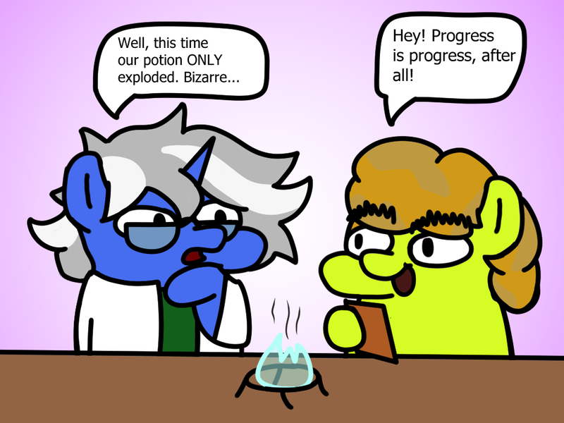 Size: 1024x768 | Tagged: safe, derpibooru import, oc, oc:up beet, oc:weird science, earth pony, unicorn, beaker, broken glass, clipboard, clothes, dialogue, experiment, glasses, image, lab coat, png, squatpony