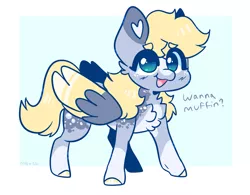 Size: 2321x1809 | Tagged: safe, artist:moccabliss, derpibooru import, derpy hooves, pony, alternate design, alternate eye color, chest fluff, chibi, colored wings, dialogue, eye color change, eyebrows, eyebrows visible through hair, happy, image, png, smiling, solo, twitterina design, two toned wings, wings