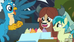 Size: 640x360 | Tagged: safe, derpibooru import, screencap, gallus, ocellus, sandbar, smolder, yona, changeling, dragon, earth pony, gryphon, pony, yak, school daze, season 8, spoiler:s08, ^^, animated, cupcake, dragoness, eyes closed, female, flying, food, gif, gifs.com, image, male, open mouth, open smile, pillow, smiling, spread wings, stallion, wings