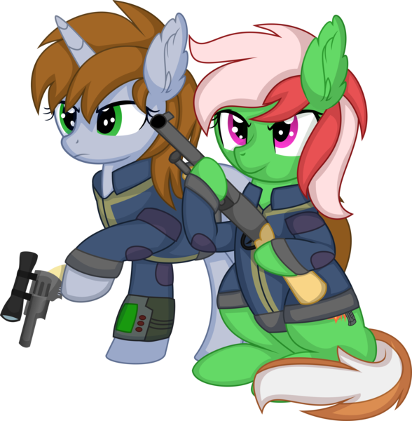 Size: 7259x7408 | Tagged: safe, artist:cyanlightning, derpibooru import, oc, oc:littlepip, oc:wandering sunrise, unofficial characters only, pony, unicorn, fallout equestria, .svg available, absurd resolution, clothes, duo, ear fluff, gun, handgun, image, png, revolver, shotgun, simple background, sitting, transparent background, vector, weapon