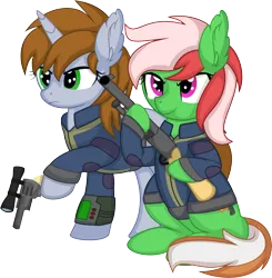 Size: 7259x7408 | Tagged: safe, artist:cyanlightning, derpibooru import, oc, oc:littlepip, oc:wandering sunrise, unofficial characters only, pony, unicorn, fallout equestria, .svg available, absurd resolution, clothes, duo, ear fluff, gun, handgun, image, png, revolver, shotgun, simple background, sitting, transparent background, vector, weapon