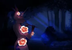 Size: 2600x1800 | Tagged: safe, artist:anastas, derpibooru import, oc, anthro, unicorn, anthro oc, bush, clavicle, eyes closed, feather, flower, flute, forest, glowing flowers, hanahaki disease, image, moonlight, musical instrument, night, path, png, solo, tail, tree