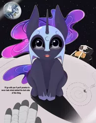 Size: 2500x3200 | Tagged: safe, artist:chapaevv, derpibooru import, nightmare moon, human, dialogue, earth, ethereal mane, female, galaxy mane, helmet, human pov, image, looking at you, misspelling, moon, offscreen character, patreon, patreon reward, png, pov, reflection, solo, space, spaceship, spacesuit, text