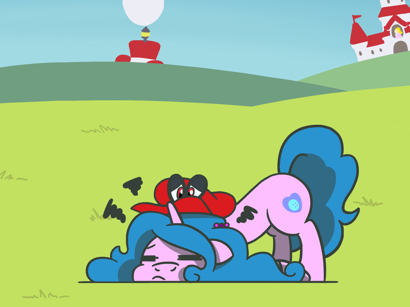 Size: 1800x1350 | Tagged: safe, artist:flutterluv, derpibooru import, part of a set, izzy moonbow, pony, unicorn, atg 2022, cappy (mario), exhausted, eyes closed, frown, g5, image, jpeg, mushroom kingdom, newbie artist training grounds, part of a series, solo, super mario bros., super mario odyssey, tired