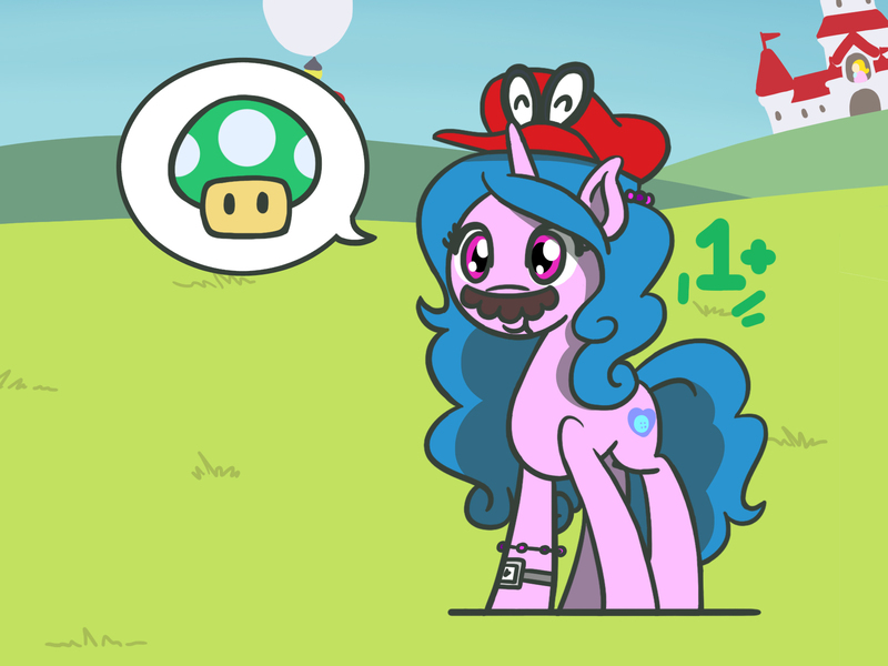 Size: 1800x1350 | Tagged: safe, artist:flutterluv, derpibooru import, part of a set, izzy moonbow, pony, unicorn, 1up, atg 2022, cappy (mario), facial hair, g5, image, jpeg, moustache, mushroom, mushroom kingdom, newbie artist training grounds, part of a series, solo, super mario bros., super mario odyssey