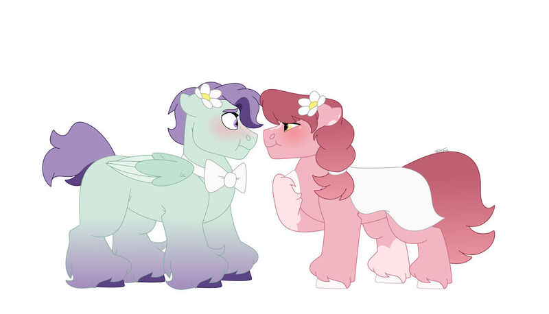 Size: 1280x732 | Tagged: safe, artist:itstechtock, derpibooru import, oc, oc:mistflower, oc:morning glory, unofficial characters only, earth pony, pegasus, pony, bowtie, clothes, colt, female, filly, foal, image, jpeg, magical lesbian spawn, male, offspring, parent:ivy vine, parent:lily valley, parent:november rain, parent:roseluck, simple background, skirt, white background