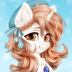 Size: 1280x1280 | Tagged: safe, artist:inowiseei, derpibooru import, oc, unofficial characters only, pony, unicorn, blue background, bust, chest fluff, clothes, commission, ear fluff, female, hat, horn, image, looking at you, mare, png, portrait, simple background, smiling, smiling at you, solo, unicorn oc