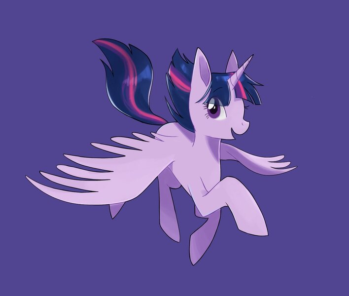 Size: 1280x1084 | Tagged: safe, artist:2525takaha, derpibooru import, twilight sparkle, twilight sparkle (alicorn), alicorn, pony, eye clipping through hair, female, flying, horn, image, jpeg, looking at you, mare, open mouth, open smile, profile, purple background, simple background, smiling, smiling at you, solo, wings
