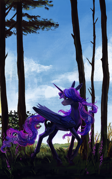 Size: 2000x3185 | Tagged: safe, artist:weird--fish, derpibooru import, princess luna, alicorn, pony, image, png, solo, tree