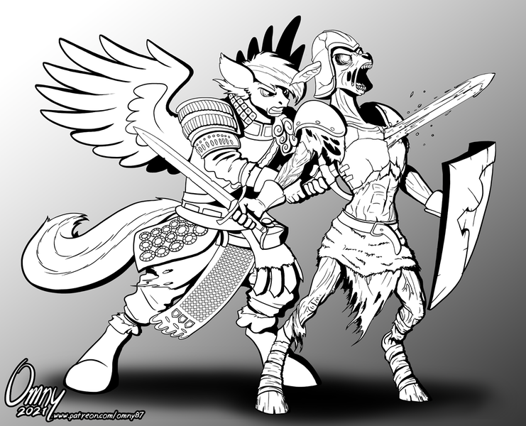 Size: 1200x972 | Tagged: semi-grimdark, artist:omny87, derpibooru import, oc, unofficial characters only, anthro, pegasus, undead, unguligrade anthro, zombie, armor, image, png, shield, sword, weapon