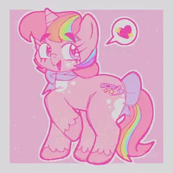 Size: 800x800 | Tagged: safe, artist:cosmiccrayons, artist:cosmiiccrayons, derpibooru import, oc, oc:cosmic crayons, unofficial characters only, pony, unicorn, female, heart, horn, image, jpeg, kidcore, looking at you, mare, open mouth, raised hoof, simple background, solo, speech bubble, unicorn oc, white background