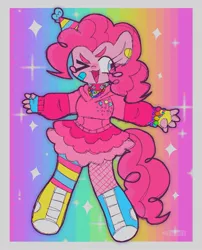 Size: 1249x1547 | Tagged: safe, artist:cosmiccrayons, artist:cosmiiccrayons, derpibooru import, pinkie pie, anthro, earth pony, pony, bandaid, blush sticker, blushing, bracelet, clothes, cutie mark, cutie mark on clothes, eye clipping through hair, eyes closed, female, hat, image, jewelry, jpeg, kidcore, mare, necklace, open mouth, party hat, rainbow, simple background, solo, sparkles, white background