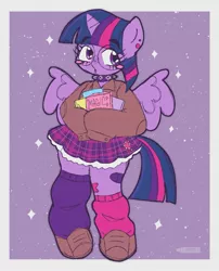Size: 1249x1547 | Tagged: safe, artist:cosmiccrayons, artist:cosmiiccrayons, derpibooru import, twilight sparkle, twilight sparkle (alicorn), alicorn, anthro, pony, blush sticker, blushing, book, clothes, cutie mark, cutie mark on clothes, ear piercing, female, glasses, horn, image, jpeg, kidcore, looking at you, magic, mare, piercing, simple background, skirt, solo, sparkles, spread wings, white background, wings