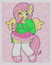 Size: 1249x1547 | Tagged: safe, artist:cosmiccrayons, artist:cosmiiccrayons, derpibooru import, fluttershy, anthro, pegasus, blush sticker, blushing, clothes, ear piercing, earring, image, jewelry, jpeg, kidcore, looking at you, necklace, one eye closed, piercing, simple background, skirt, spread wings, sweater, sweatershy, tongue out, white background, wings, wink, winking at you