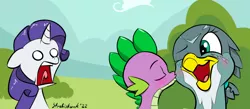 Size: 1116x485 | Tagged: safe, artist:strebiskunk, derpibooru import, gabby, rarity, spike, dragon, gryphon, pony, unicorn, blank eyes, blushing, eyes closed, female, floppy ears, image, jpeg, kiss on the cheek, kissing, male, mare, monochrome, open mouth, shipping, shocked, shocked expression, signature, spabby, straight, tongue out