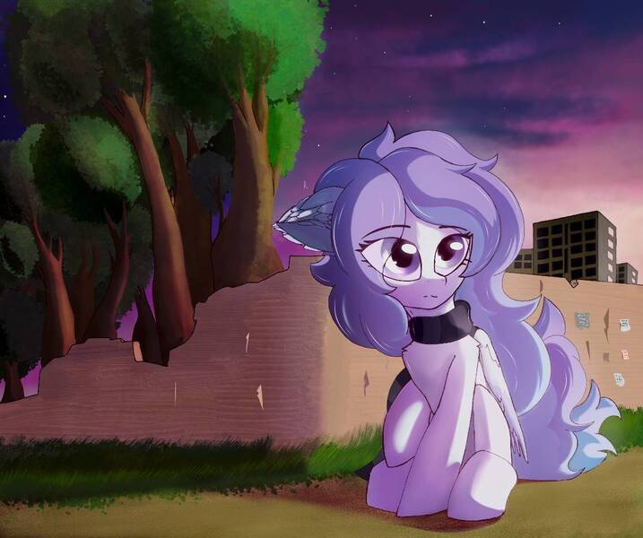 Size: 1178x986 | Tagged: safe, artist:rainydark, derpibooru import, oc, unofficial characters only, pegasus, pony, blue tail, clothes, female, females only, image, jpeg, looking up, outdoors, pegasus oc, purple eyes, purple hair, scarf, sitting, sky, solo, solo female, tail, tree, wings