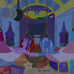 Size: 1200x1200 | Tagged: safe, artist:aahollym, derpibooru import, starlight glimmer, trixie, pony, unicorn, alternate hairstyle, braid, face mask, female, hammock, holding hooves, image, lesbian, mask, png, shipping, sleeping, startrix, trixie's wagon, wagon