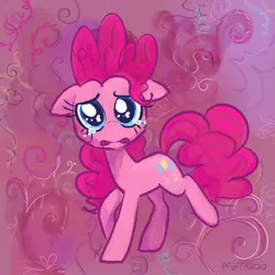 Size: 2048x2048 | Tagged: safe, artist:pfeffaroo, derpibooru import, pinkie pie, earth pony, pony, abstract background, crying, image, jpeg, looking at you, sad, solo