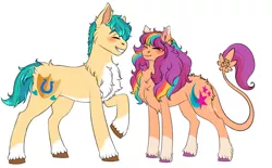 Size: 1280x792 | Tagged: safe, artist:malinraf1615, derpibooru import, hitch trailblazer, sunny starscout, earth pony, pony, alternate hairstyle, blushing, chest fluff, cute, duo, eyes closed, female, g5, grin, happy, hitchbetes, image, jpeg, leonine tail, male, mare, markings, raised hoof, redesign, simple background, smiling, stallion, sunnybetes, tail, unshorn fetlocks, white background