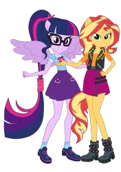 Size: 3250x4620 | Tagged: safe, artist:gmaplay, derpibooru import, sci-twi, sunset shimmer, twilight sparkle, equestria girls, equestria girls series, clothes, glasses, high res, image, png, ponied up, simple background, skirt, transparent background, wings