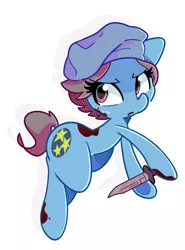 Size: 1523x2060 | Tagged: safe, artist:kindakismet, derpibooru import, ponified, earth pony, pony, blood, crossover, female, hat, hoof hold, image, jill valentine, jpeg, knife, looking at you, mare, resident evil, simple background, solo, video game, white background
