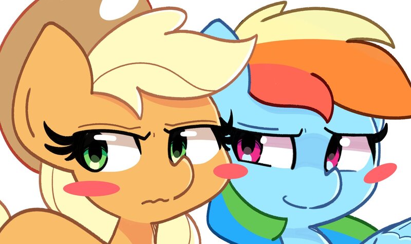 Size: 1628x967 | Tagged: safe, artist:kindakismet, derpibooru import, applejack, rainbow dash, earth pony, pegasus, pony, applejack's hat, blush sticker, blushing, cowboy hat, duo, duo female, female, hat, image, jpeg, mare, simple background, white background, wings