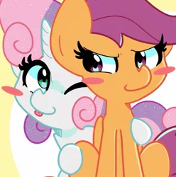 Size: 1289x1302 | Tagged: safe, artist:kindakismet, derpibooru import, scootaloo, sweetie belle, pegasus, pony, unicorn, blush sticker, blushing, duo, duo female, female, filly, foal, horn, image, jpeg, looking at each other, looking at some, looking at someone, one eye closed, sitting, sparkly mane, tongue out, wink