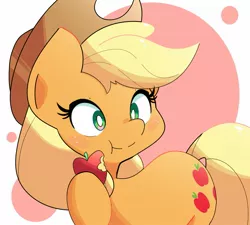 Size: 1591x1430 | Tagged: safe, artist:kindakismet, derpibooru import, applejack, earth pony, pony, apple, applejack's hat, circle background, cowboy hat, eating, female, food, freckles, hat, hoof hold, image, jpeg, mare, raised hoof, simple background, solo