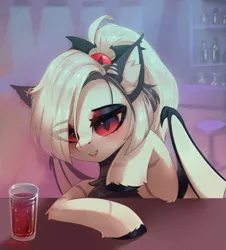 Size: 2395x2650 | Tagged: safe, artist:anku, derpibooru import, oc, oc:nightlight snow, unofficial characters only, bat pony, fluffy pony, pony, bat wings, drink, eyeshadow, female, image, makeup, mare, png, pony oc, pony only, solo, solo female, wings