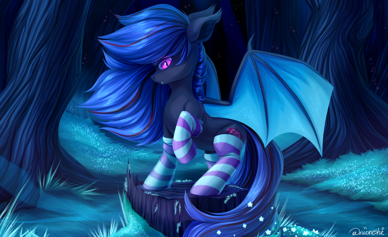 Size: 4500x2748 | Tagged: safe, artist:neonishe, derpibooru import, oc, oc:ebony rose, unofficial characters only, bat pony, pony, bat pony oc, bat wings, clothes, commission, complex background, cute, fangs, flower, forest, high res, image, looking at you, png, socks, solo, spread wings, striped socks, tree, wings