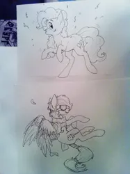 Size: 956x1280 | Tagged: safe, artist:cheshchesh, pinkie pie, rainbow dash, earth pony, pegasus, pony, clothes, female, flying, goggles, image, looking at you, mare, png, rearing, scarf, spread wings, traditional art, wings