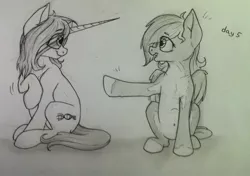 Size: 1019x719 | Tagged: safe, artist:cheshchesh, oc, oc:chesh, unofficial characters only, pegasus, unicorn, black and white, folded wings, grayscale, image, jpeg, looking at each other, monochrome, pale belly, raised leg, sitting, smiling, socks (coat marking), traditional art, wings