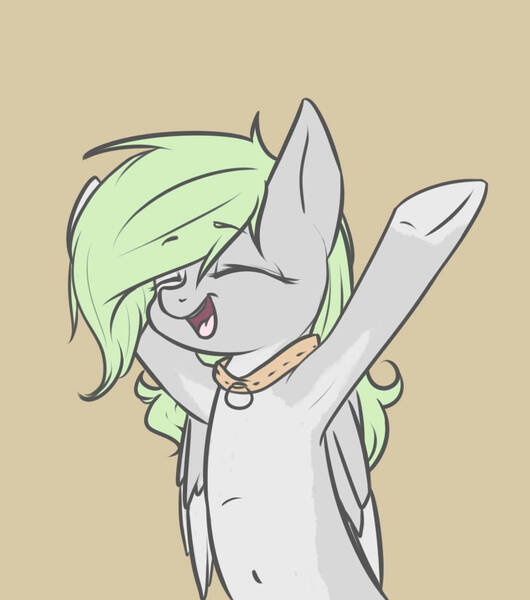 Size: 883x1000 | Tagged: safe, artist:cheshchesh, oc, oc:chesh, unofficial characters only, pegasus, semi-anthro, armpits, belly, bipedal, eyes closed, female, image, jpeg, open smile, pale belly, raised leg, simple background, underhoof, yellow background