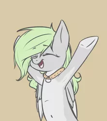 Size: 883x1000 | Tagged: safe, artist:cheshchesh, oc, oc:chesh, unofficial characters only, pegasus, semi-anthro, armpits, belly, bipedal, eyes closed, female, image, jpeg, open smile, pale belly, raised leg, simple background, underhoof, yellow background