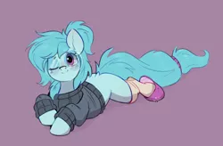 Size: 1138x746 | Tagged: safe, artist:rexyseven, derpibooru import, oc, oc:whispy slippers, pony, clothes, colored sketch, glasses, image, looking at you, lying down, missing cutie mark, one eye closed, png, prone, purple background, simple background, sketch, slippers, socks, solo, sweater