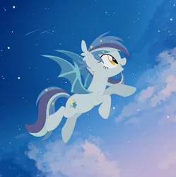 Size: 1640x1645 | Tagged: safe, artist:owlity, derpibooru import, oc, oc:star struck, unofficial characters only, bat pony, pony, bat pony oc, bat wings, female, flying, image, jpeg, night, night sky, open mouth, open smile, sky, smiling, solo, spread wings, stars, wings